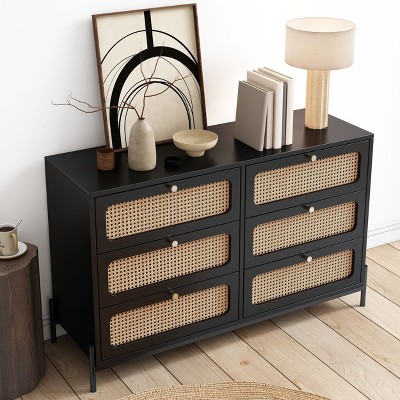 Okak Rustic Dresser for Bedroom with 6 Wide Rattan Drawer, Wooden Chest Closet Storage Cabinet Organizer for Living Room Hallway Entryway, Black Wood