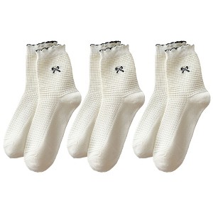 Anna-Kaci Women's 3 Pairs Knit Socks with Waffle Texture Bow Embroidery Ruffled Edge Ribbed Cuffs - 1 of 4
