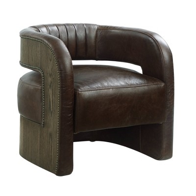 Espresso Leather Barrel Swivel Accent Chair with Wood Frame