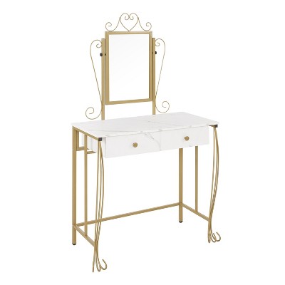 Elegant White and Gold Vanity Table Set with Bench