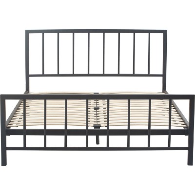 King Matte Black Metal Platform Bed Frame with Headboard and Slats