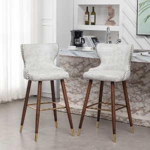 Roundhill Furniture Nevis Mid-century Modern Faux Leather Tufted Nailhead Trim Barstool, White, Set of 2 - 1 of 4