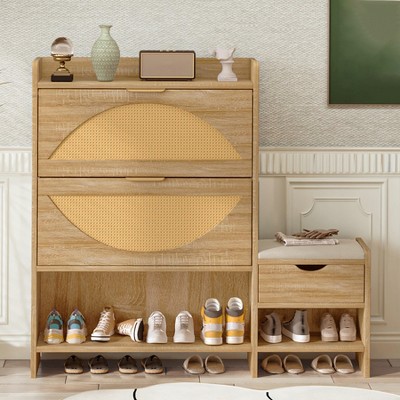 47.2" Shoe Cabinet with Shoe Bench, Rattan Shoe Rack Organizer with 2 Flip Drawers, Wooden Hidden Storage Drawer for Entryway Hallway Living Room