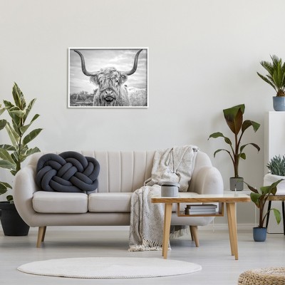 White Framed Black and White Highland Cow Canvas Print