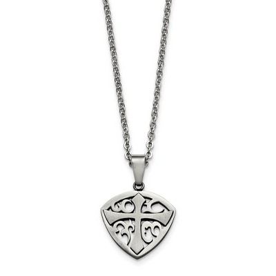 Black Bow Jewelry Polished and Brushed Shield Cross Necklace in Stainless Steel, 20 Inch