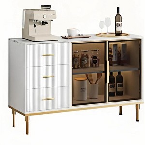 46.4" Fluted Sideboard Buffet Cabinet with Faux Marble Top, Large Storage for Kitchen, Featuring 2 Glass Doors, 3 Drawers, Adjustable Shelves - 1 of 4