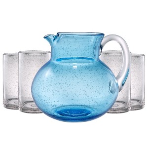 Artland Iris 90oz Hand-Blown Glass Pitcher & 17oz Highball Glasses Set of 4 - Unique Bubble Shape, Lead-Free Glass, Stylish Drinkware Set - Turquoise - 1 of 4