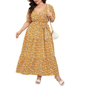 BLUEMING Summer Maxi Dress for Plus Size Women Tie Wasit Surplice Dress Flutter Sleeve A-Line Dress - 1 of 4