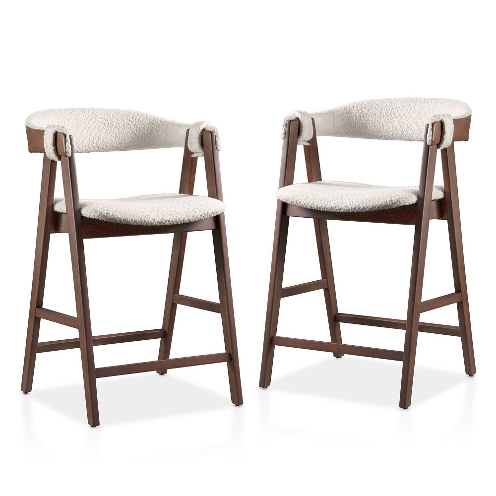 HOMES: Inside + Out Set of 2 Pearlcrest Mid-Century Modern Boucle Upholstered Counter Height Barstool Chairs Walnut