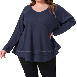 Women's Plus Size V Neck Long Sleeve Sweater Patchwork Hem Casual Waffle Knitted Top - Agnes Orinda - 1 of 4