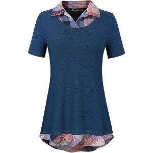 YESFASHION Women's Short Sleeve Contrast Collared Shirts Patchwork Work Blouse Tunics Tops - 1 of 4