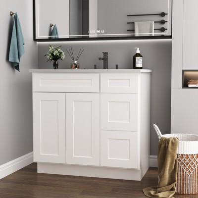 DOMETOUR 36 in. W x 21 in. D x 34.5 in. H in Shaker White Plywood Ready to Assemble Floor Vanity Sink Base Kitchen Cabinet with Right Door