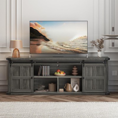 70" TV Stand with Power Outlet, Farmhouse Entertainment Center for 75 Inch TVs, Mid Century Modern TV Console Table