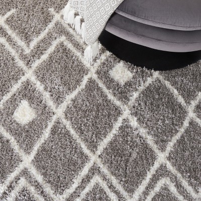 Gray Geometric Hand-knotted Shag Rug, 5' x 7'
