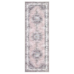2 x 6 ft Polyester Grey Rectangular Laundry Bathroom Kitchen Floral Medallion Vintage Machine Washable Runner Rug - 1 of 4