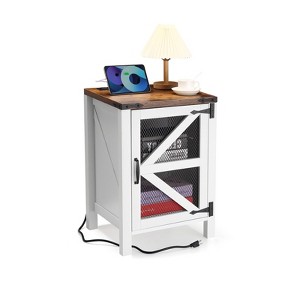 18" Rustic Farmhouse Nightstand | Wood Side Table with Charging Station, Adjustable Shelf & Mesh Barn Door – Bedroom, Living Room - 1 of 4