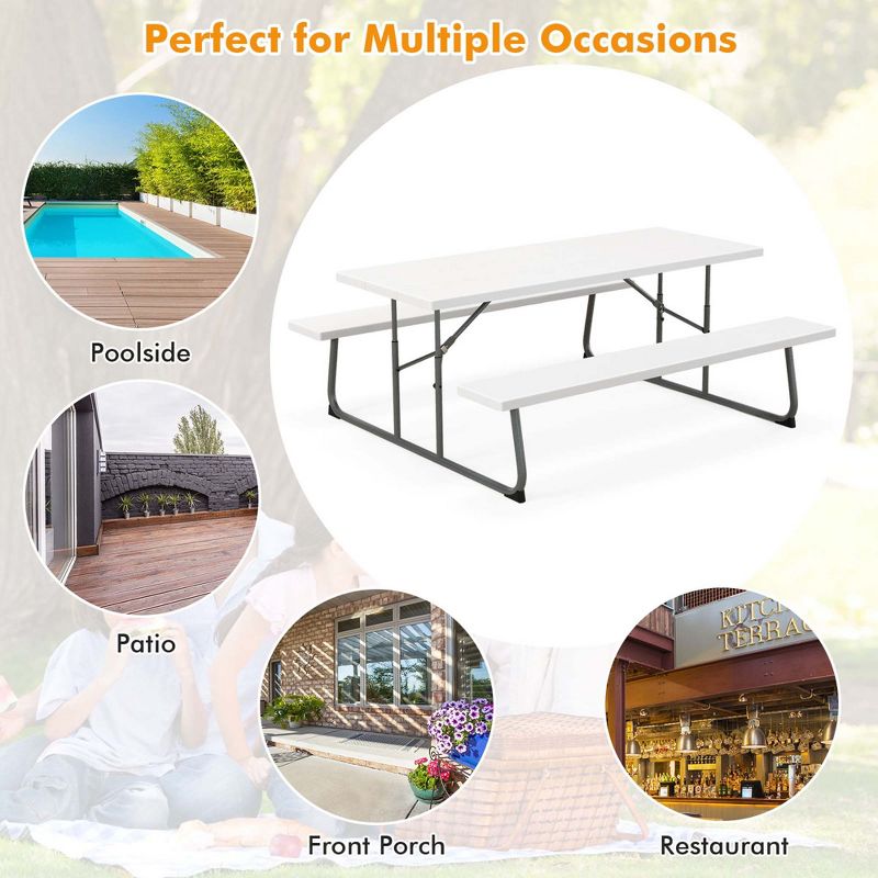 Costway Folding Picnic Table with 2 Benches All Weather Wood-like Tabletop Umbrella Hole Black/Grey/Green/White, 5 of 11