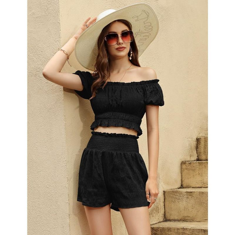 WhizMax Women's Two Piece Outfits Elastic High Waisted Shorts Off Shoulder Ruffle Crop Top Casual Short Pant Sets, 4 of 6