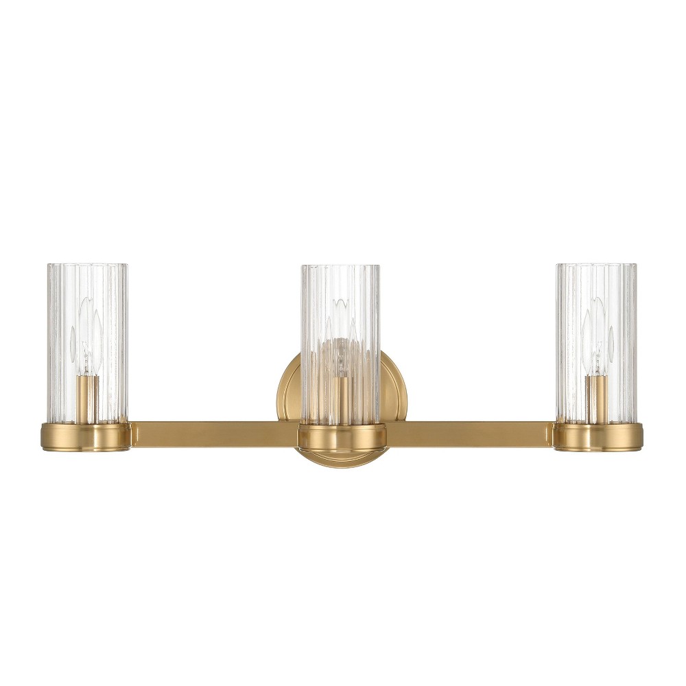Robert Stevenson Lighting Izzy Metal and Clear Ribbed Glass 3-Light Vanity Light Brushed Gold: ETL Listed, Steel Body, No Switch