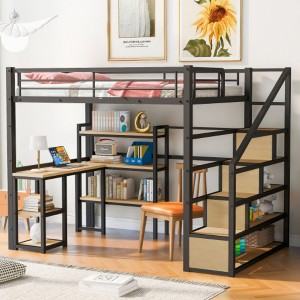 Full Size Metal Loft bed with Staircase, Built-in Desk and Shelves, Black - 1 of 3