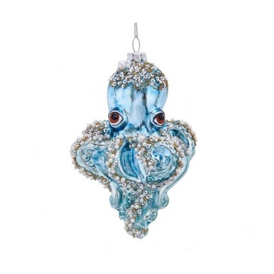 Kurt Adler Glass Ornament for Christmas Tree, Blue Octopus with Beads