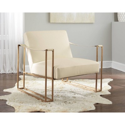 Transitional Cream Leather Accent Chair with Gold Metal Base
