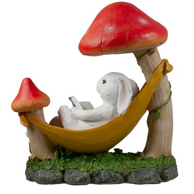 White Bunny in Yellow Hammock with Red Mushrooms Garden Statue