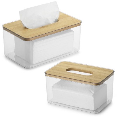 LunaLulinlk Tissue Box Cover Rectangle, Plastic Tissue Box Holder with Bamboo Lid Top, Clear, 2 Count