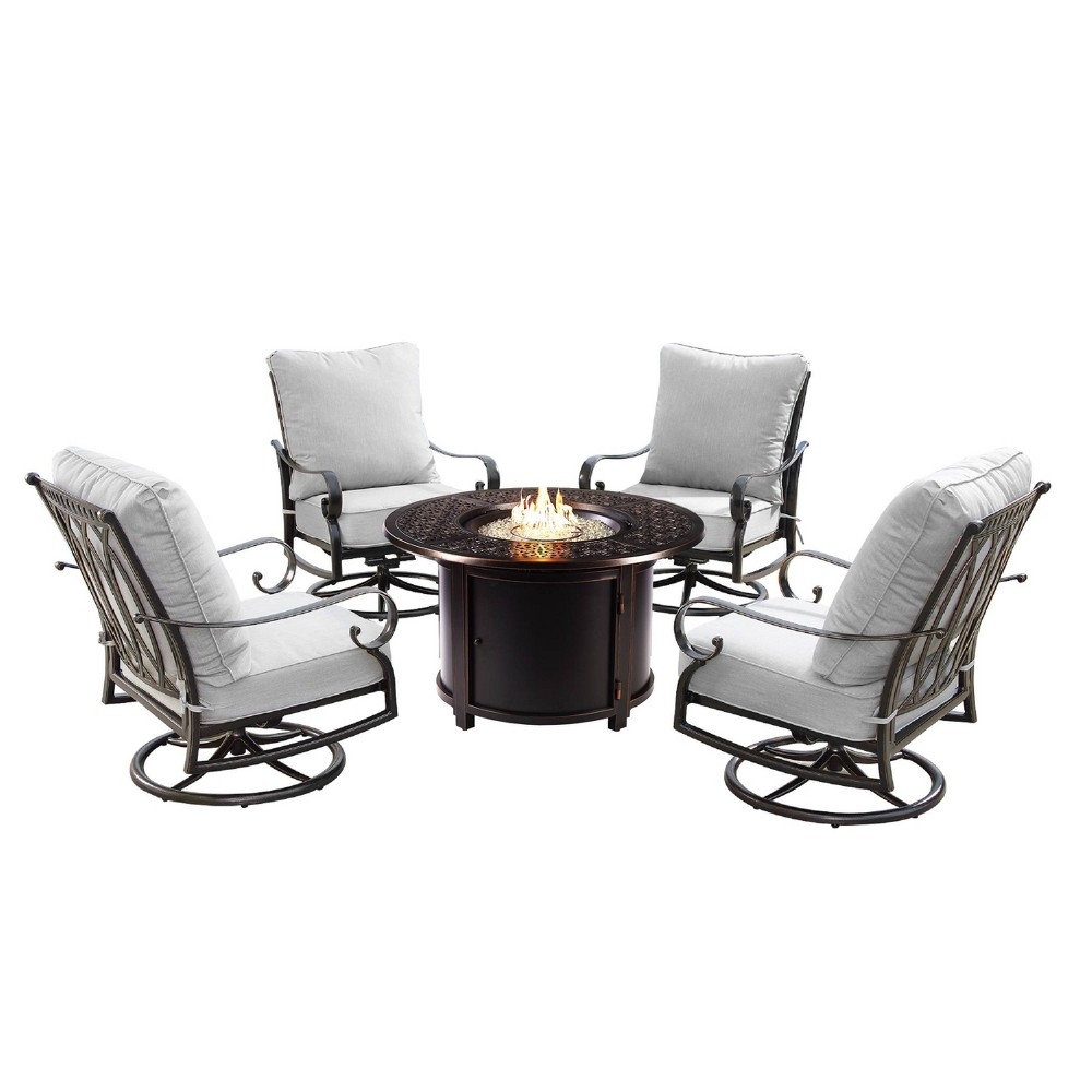 5pc Set with 44"" Round Outdoor Aluminum Fire Pit Table & Four Swivel Rocking Chairs & Wind Blocker Lid - Oakland Living -  85307715