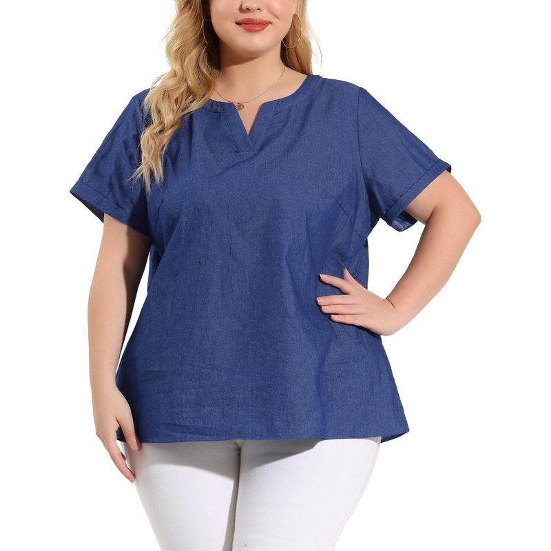 Agnes Orinda Women's Plus Size Work Short Sleeve V Neck Chambray Casual Tops, 1 of 7