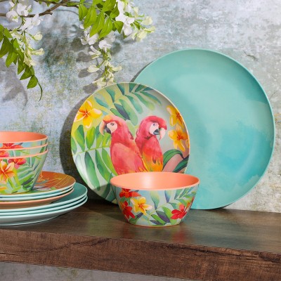 Laurie Gates Tropical Parrots 12 Piece Colorful Melamine Dinnerware Set