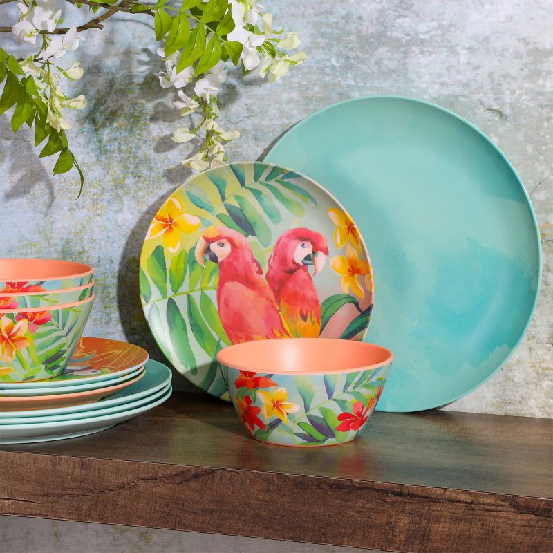 Laurie Gates Tropical Parrots 12 Piece Melamine Dinnerware Set in Assorted Designs, 5 of 15
