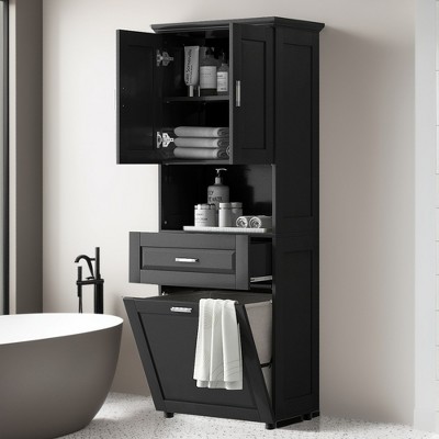 70" H Tall Bathroom Cabinet with Laundry Basket, Double Storage Cabinets with Doors and Open Storage Space - Leovsnove