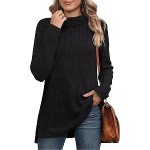 Womens Tunic Tops Turtleneck Long Sleeve Shirts Oversized Fall Sweaters Side Split High Low Hemline - 1 of 4