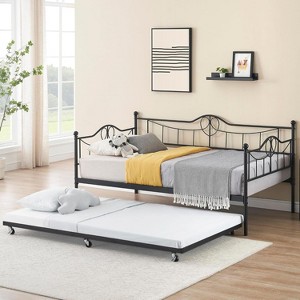 Twin Daybed with Trundle and Backrest, Metal Sofa Bed Frame for Living Room, Bedroom and Guest Room - 1 of 4