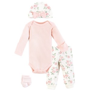 Hudson Baby Girls Thermal Preemie Layette Set 4pc Long Sleeve Outfit, Soft Pink Sage Rose, Preemie - 1 of 4