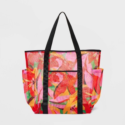 CHANEL CC FLORAL PRINT STRAW CANVAS X-LARGE BEACH TOTE BAG