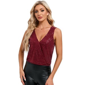 Women's Sparkly Sequin Sleeveless Tank Top - Deep V Backless Sexy Top Wrap Glitter Party Shirt for Holiday - 1 of 4