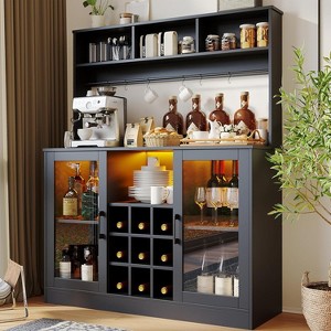 Coffee Bar Cabinet with 9 Wine Racks, Wine Rack Cabinets with Storage, Bar Cabinet with Led Lights, 6 Hooks, for Living Dining Room, Black - 1 of 4