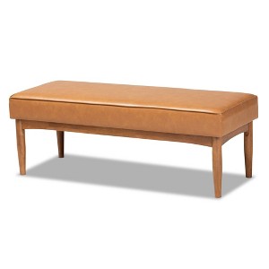 Arvid Mid Century Faux Leather Upholstered Wood Dining Bench Walnut Brown Baxton Studio