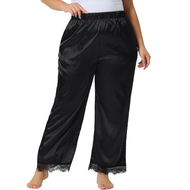 Agnes Orinda Women's Plus Size Satin Lace Trim Elastic Soft Wide Leg Pockets Pajama Pants, 2 of 6