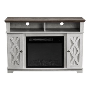 Home Essentials 48 TV Stand for TVs up to 55 with Electric Fireplace White MDF Construction Nickel Hardware Adjustable Storage