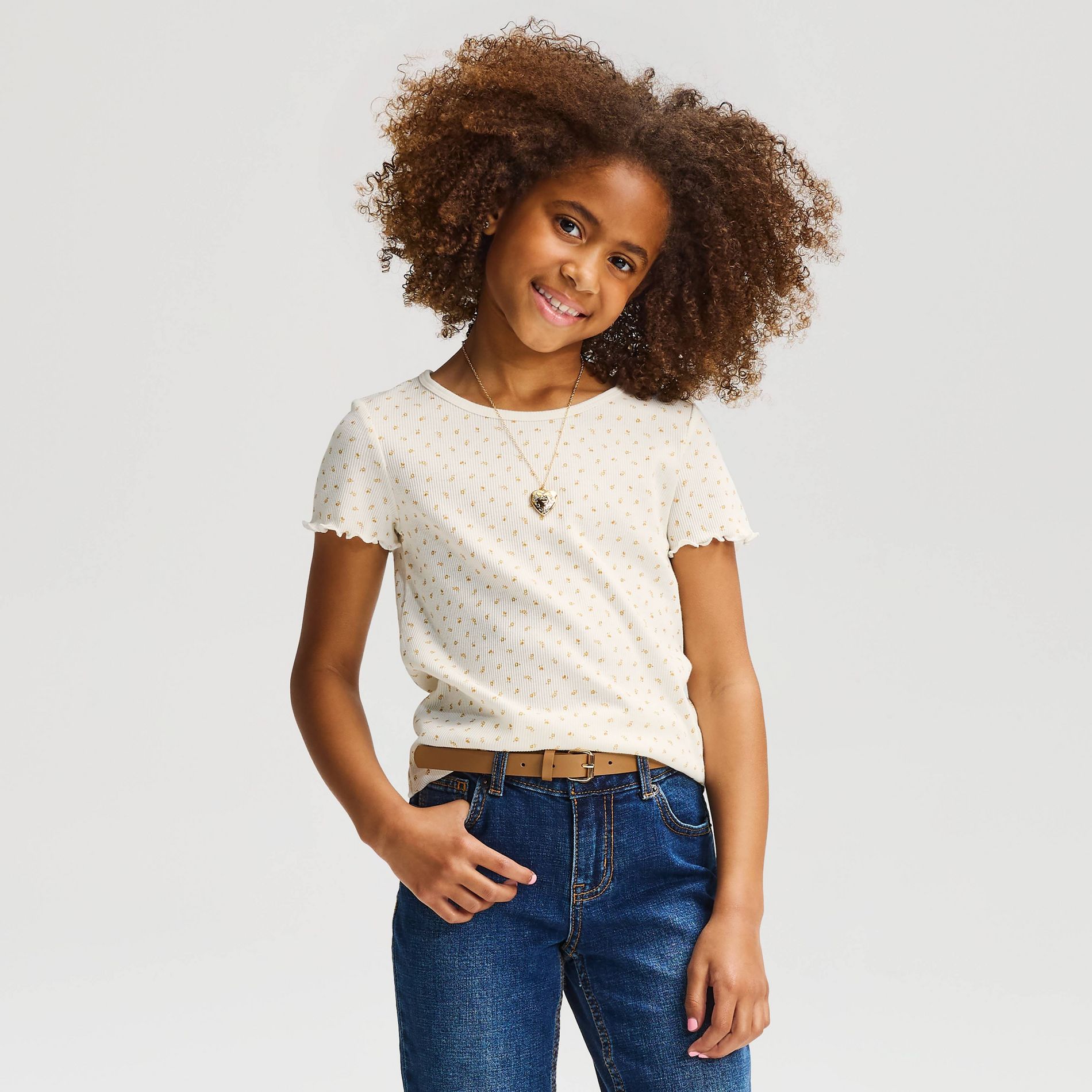 Girls' Short Sleeve Ribbed Floral Printed Fitted T-Shirt - Cat & Jack™ Cream Ditsy Floral M