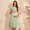 Womens Maternity Summer Casual Flutter Short Sleeve Smocked Dress Crew Neck Tiered Midi Dress Baby Shower Photoshoot - 2 of 4