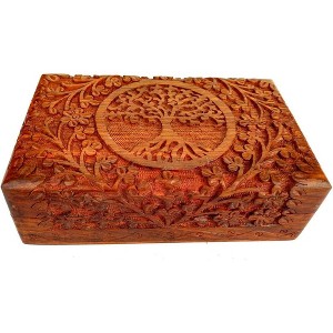 Hand-Carved Wooden Treasure Chest, 'Tree of Life' Jewelry & Watch Storage Box, 8x5 Inch Decorative Gift - 1 of 4