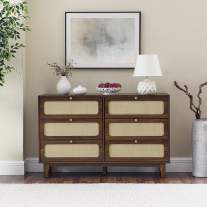 6 Drawer Dresser, Wooden Storage Cabinet With 6 Rattan Drawers, Adjustable Leg Height Sideboard Nightstand For Living Room - 1 of 4