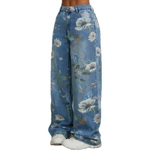 Women's Floral Print Wide Leg Jeans Mid Waist Boho Denim Pants - 1 of 4