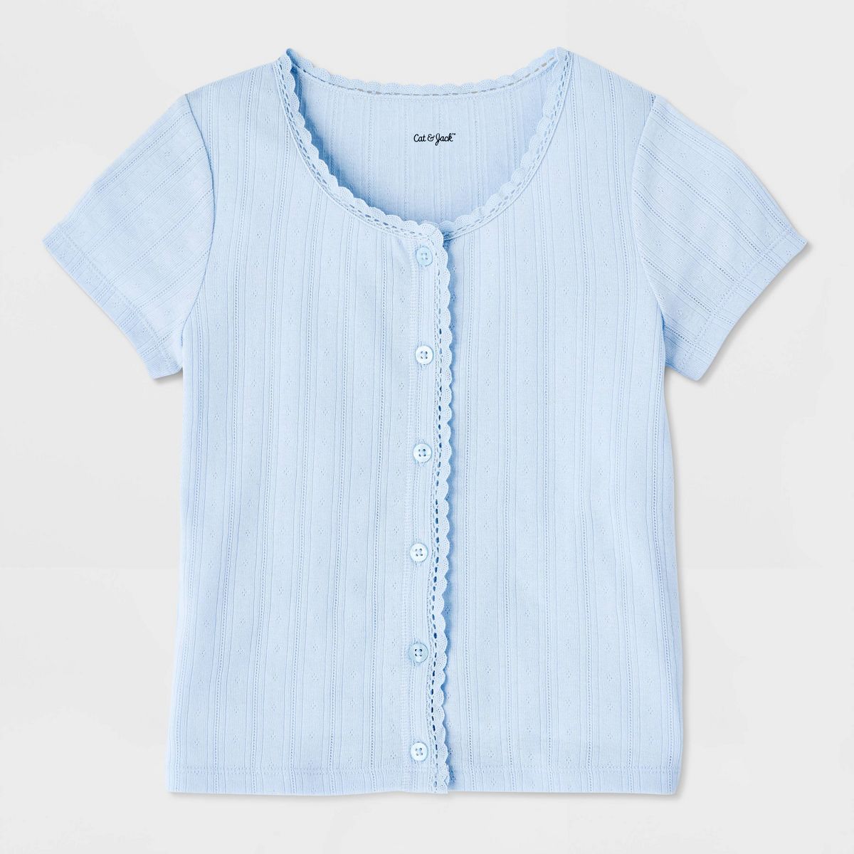 Girls' Short Sleeve Pointelle Lace Trim Button-Down T-Shirt - Cat & Jack™ - thumbnail 2