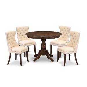 East West Furniture, 5 Piece Dinette Set Contains a Round Kitchen Dining Table and 4 Upholstered Parson Chairs, Antique Walnut - 1 of 4