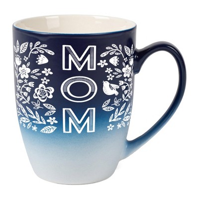 Elanze Designs Mother's Day Appreciation Coffee Cup Mug 12 Ounce Ceramic With Ombre Gradient Mom Floral Pattern Navy Blue and White
